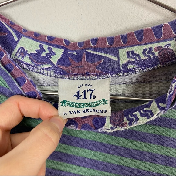 Men's Vintage 417 By Van Heusen Purple & Green Retro Striped Pocket Tee - Picture 5 of 6